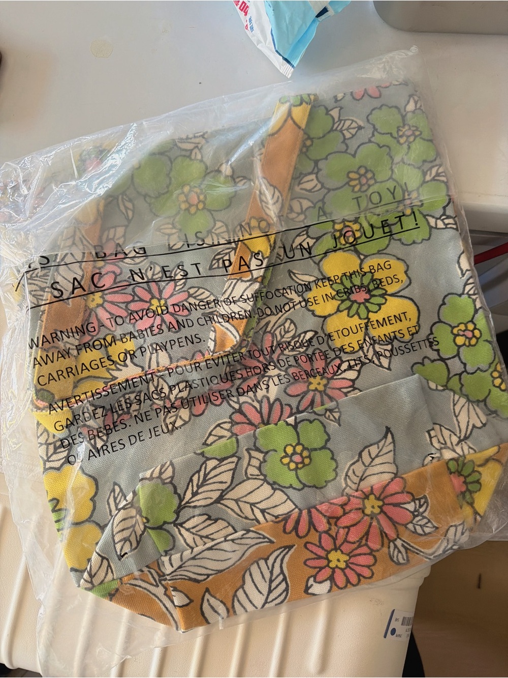 Tory Burch Floral Canvas Tote in Light Blue, Yellow, Pink & Green - Picture 3 of 6